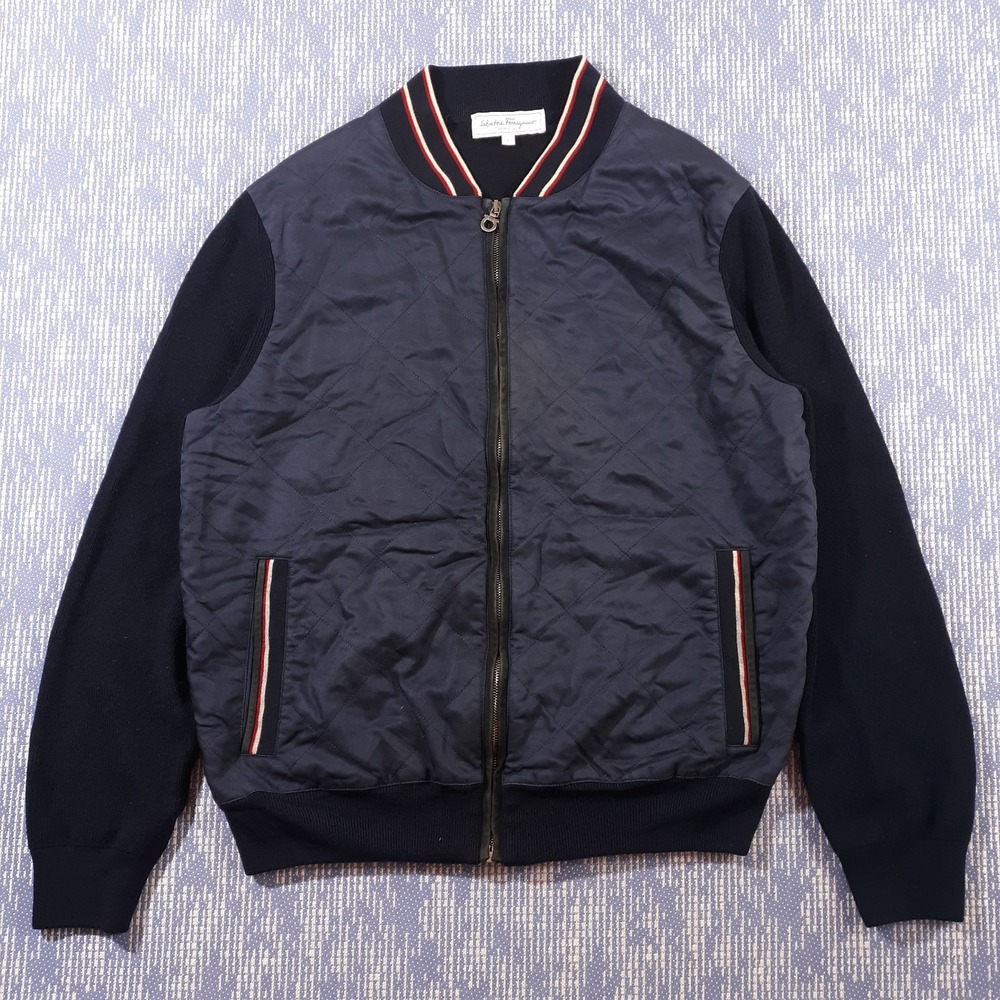 Salvatore Ferragamo Sweater Mens Large Full Zip Merino Wool Blend Quilted Navy